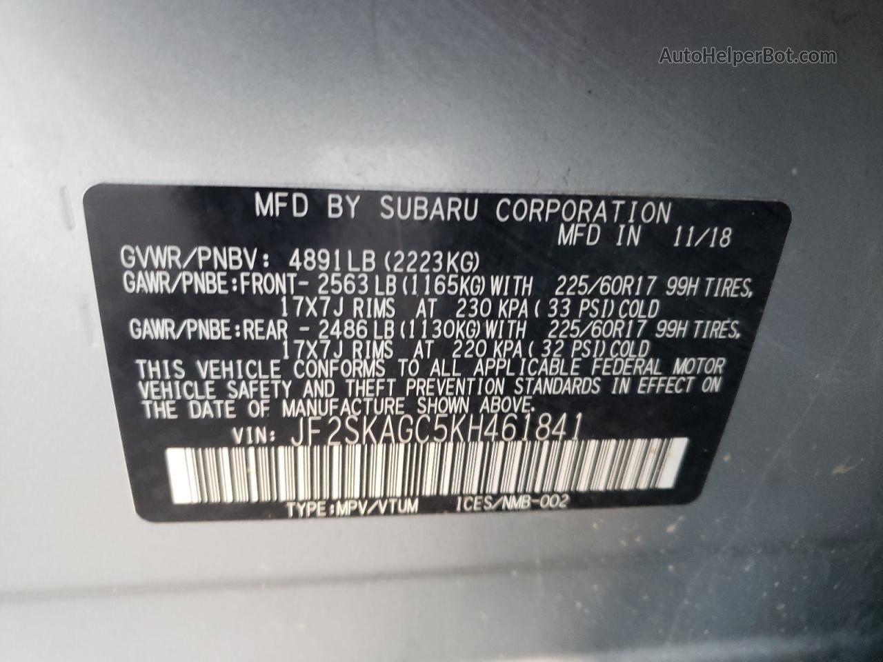2019 Subaru Forester Premium Silver vin: JF2SKAGC5KH461841