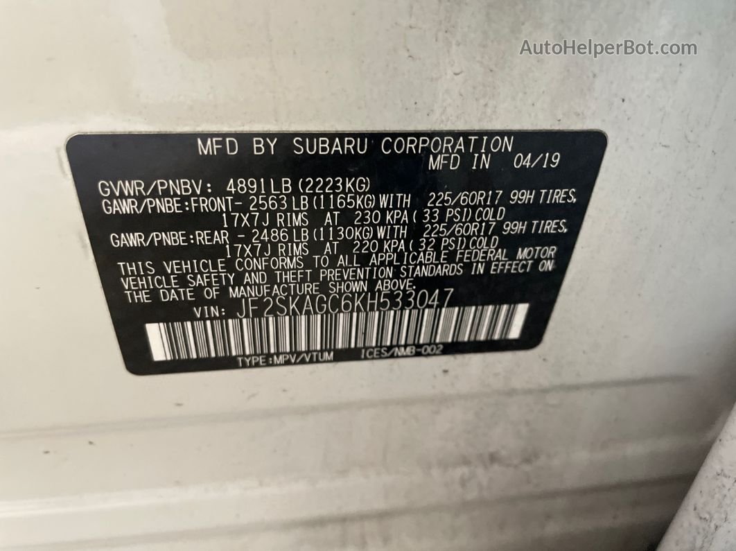 2019 Subaru Forester Premium vin: JF2SKAGC6KH533047
