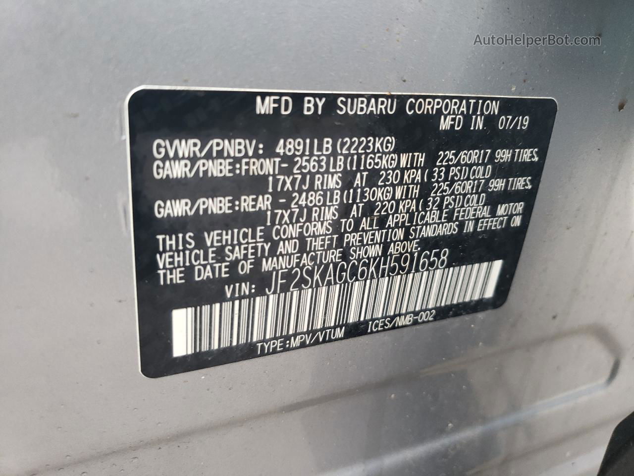 2019 Subaru Forester Premium Silver vin: JF2SKAGC6KH591658