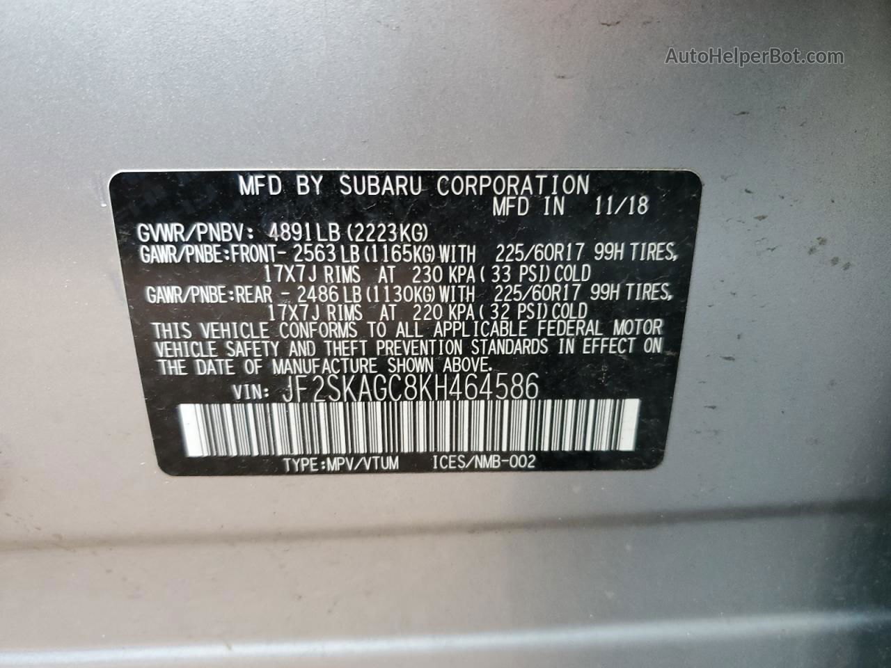 2019 Subaru Forester Premium Silver vin: JF2SKAGC8KH464586