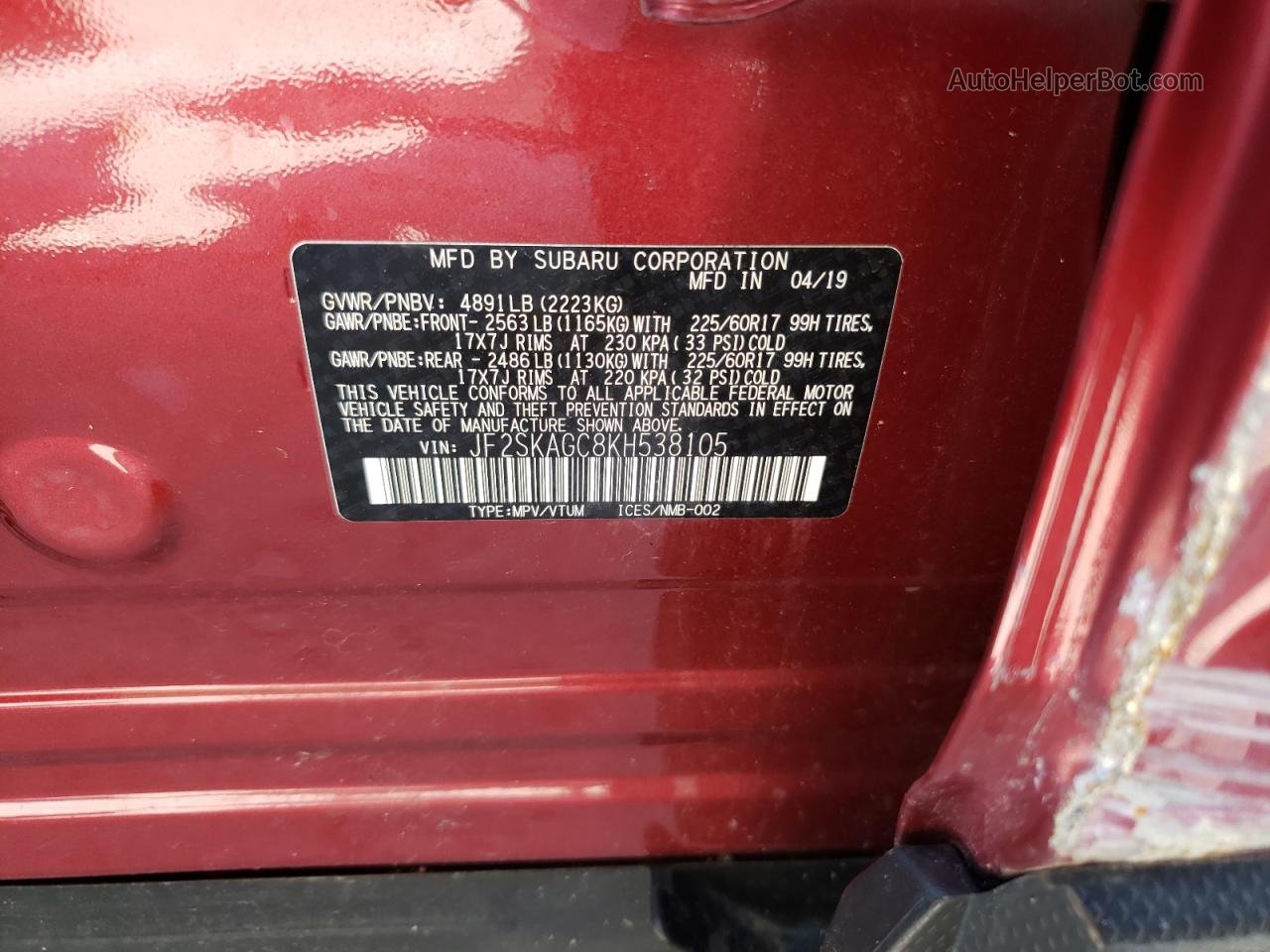 2019 Subaru Forester Premium Red vin: JF2SKAGC8KH538105