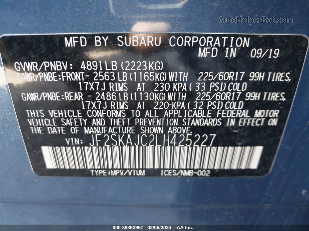 2020 Subaru Forester Premium Blue vin: JF2SKAJC2LH425227