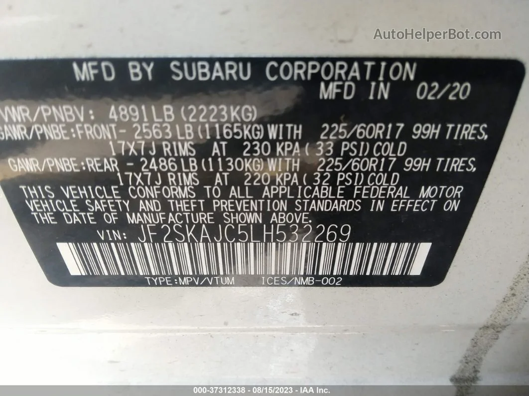 2020 Subaru Forester Premium Белый vin: JF2SKAJC5LH532269