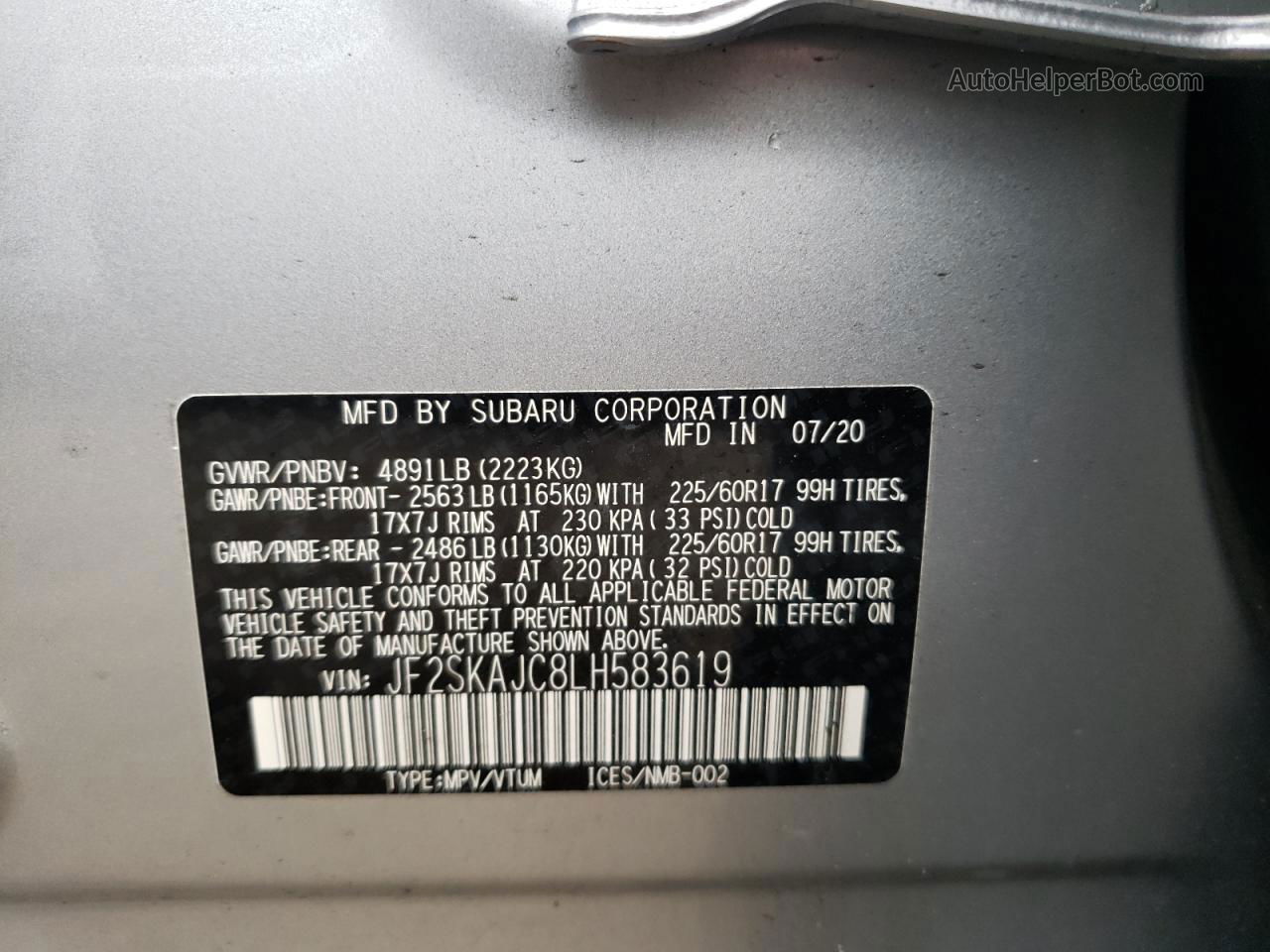 2020 Subaru Forester Premium Серебряный vin: JF2SKAJC8LH583619