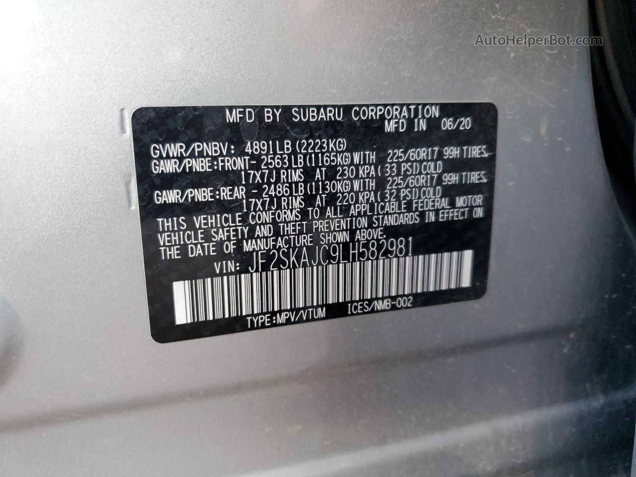 2020 Subaru Forester Premium Silver vin: JF2SKAJC9LH582981