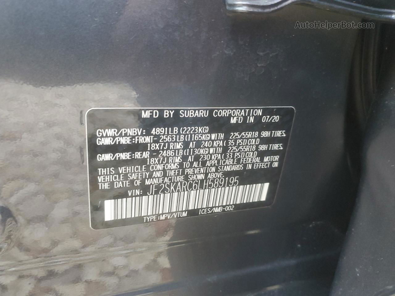 2020 Subaru Forester Sport Угольный vin: JF2SKARC6LH589195