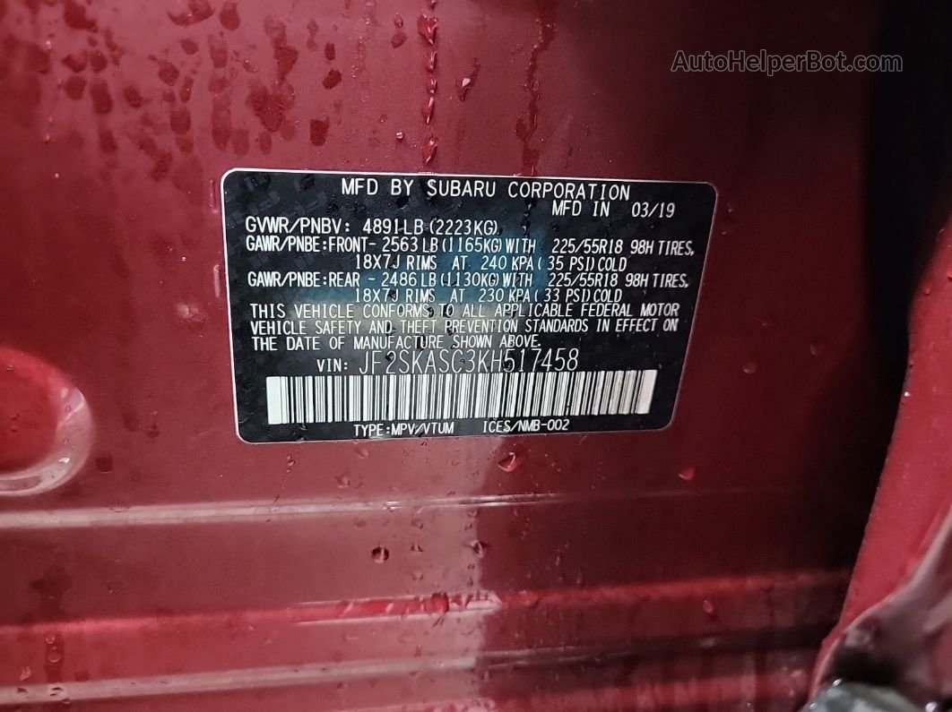 2019 Subaru Forester Limited vin: JF2SKASC3KH517458