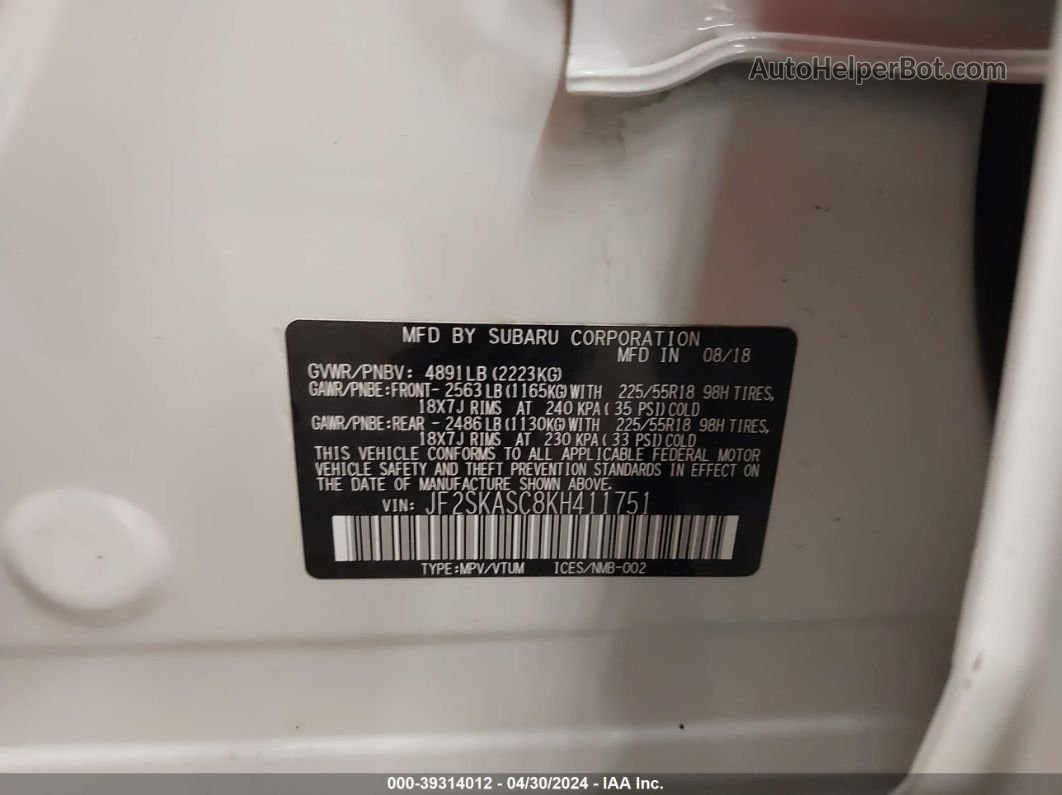 2019 Subaru Forester Limited White vin: JF2SKASC8KH411751
