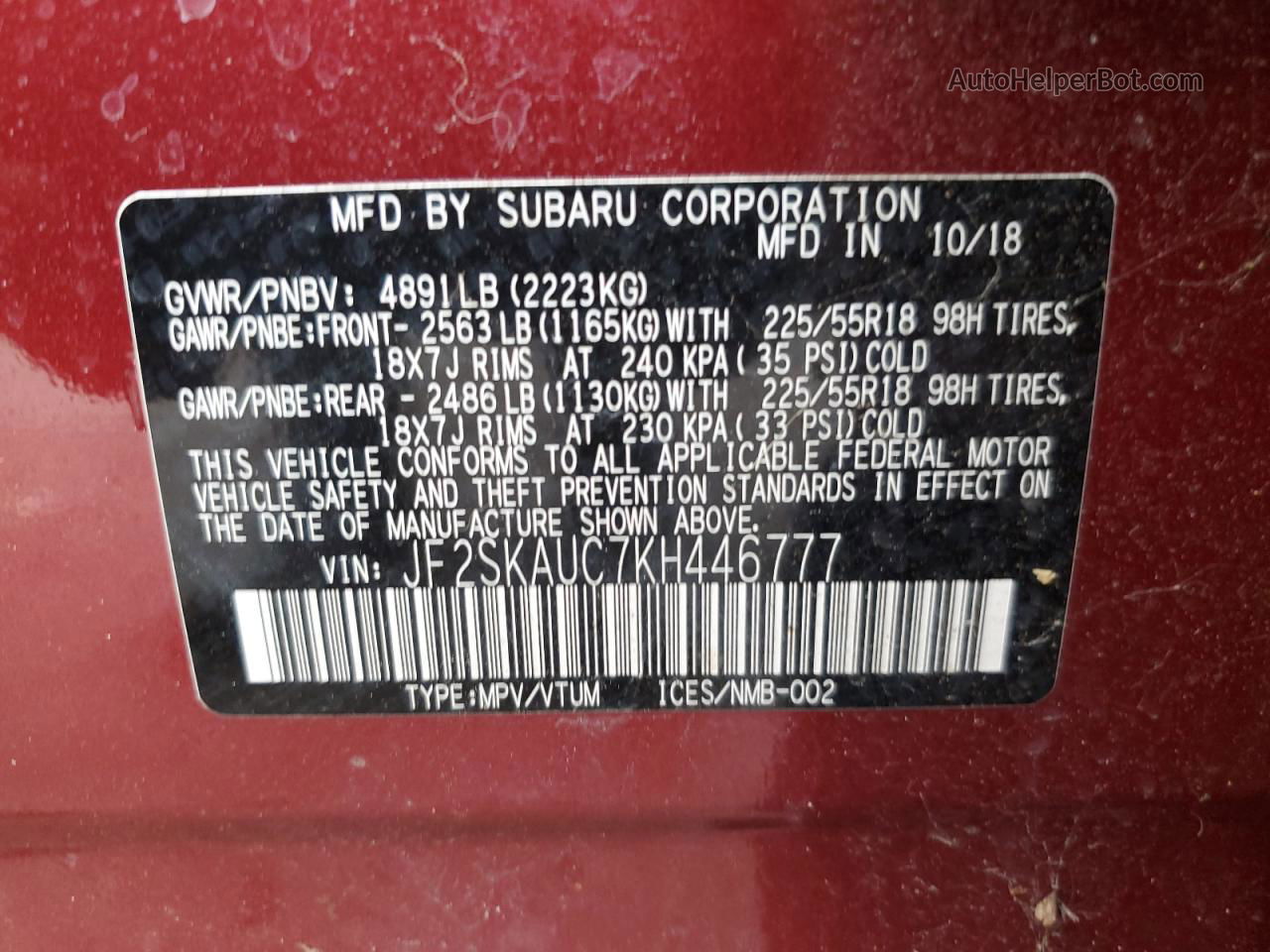 2019 Subaru Forester Limited Burgundy vin: JF2SKAUC7KH446777
