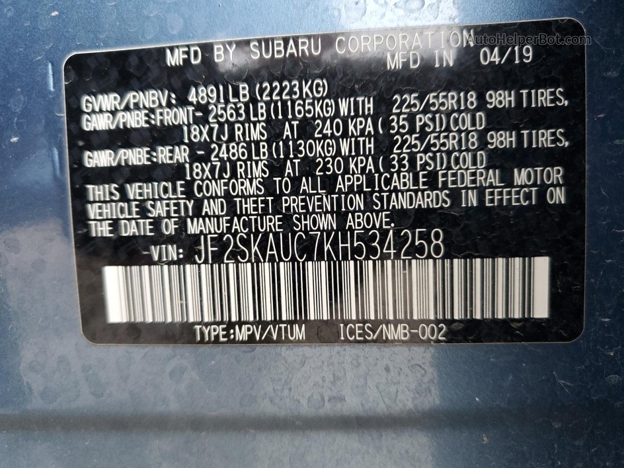 2019 Subaru Forester Limited Blue vin: JF2SKAUC7KH534258