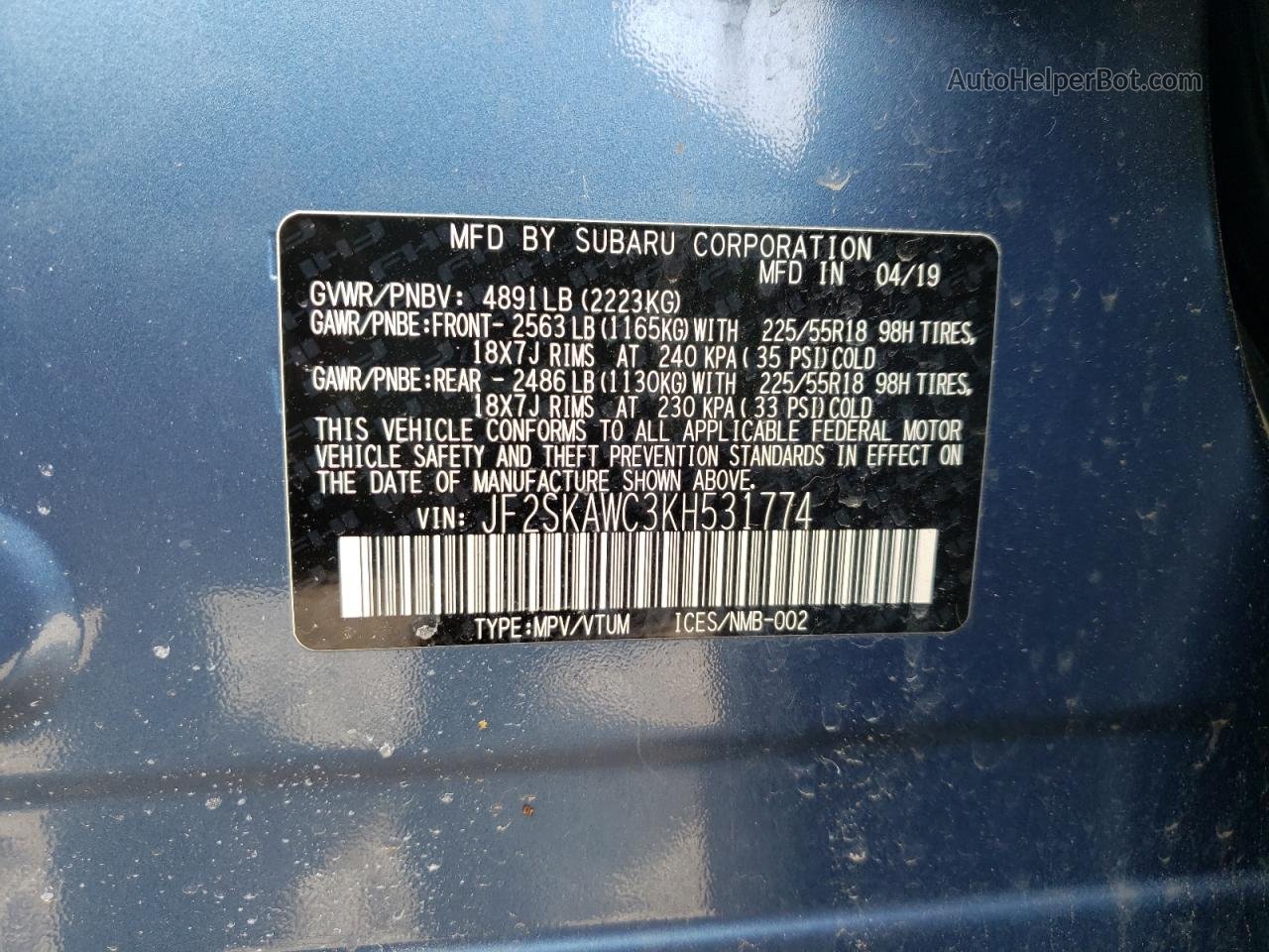2019 Subaru Forester Touring Blue vin: JF2SKAWC3KH531774