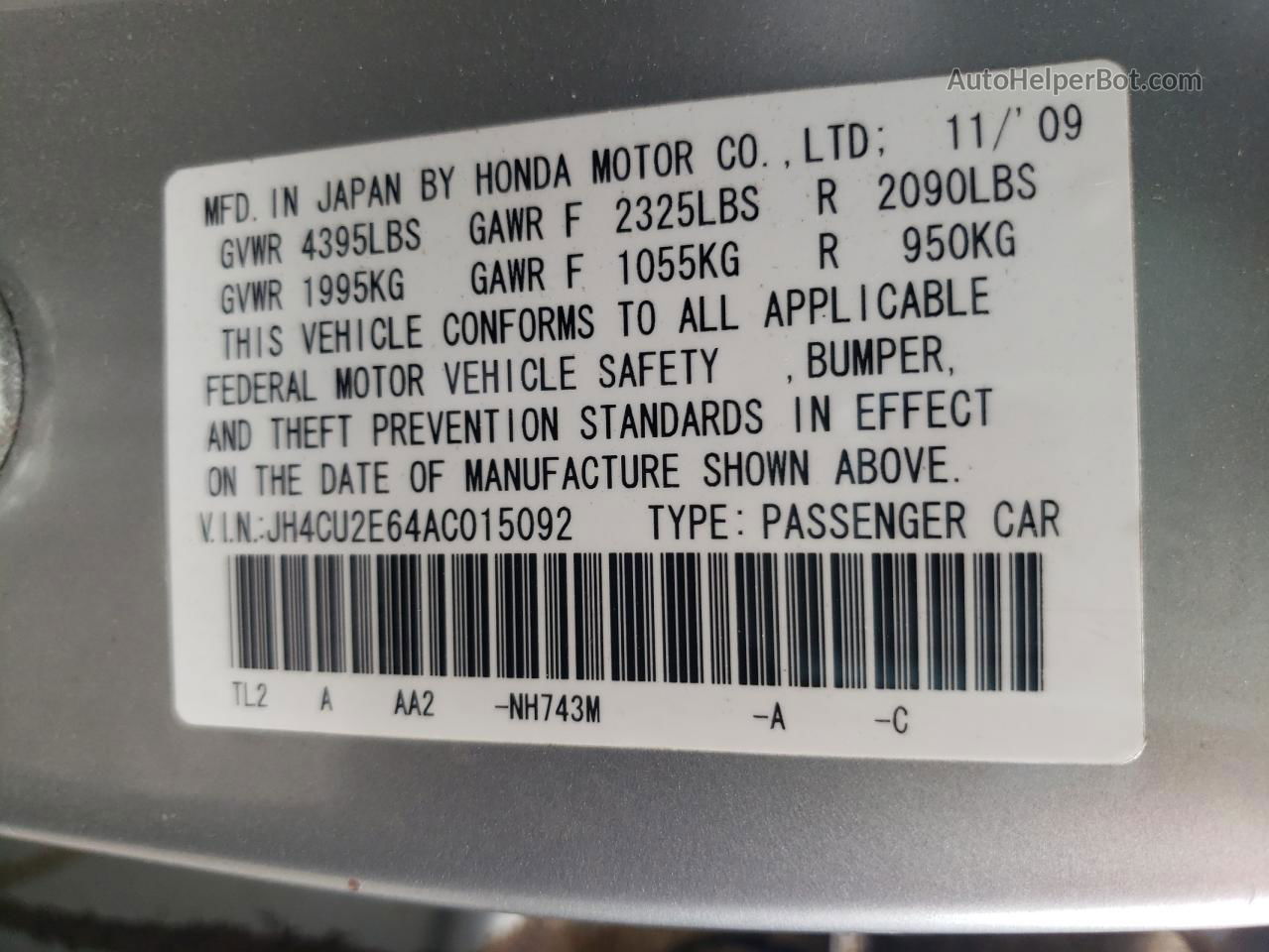 2010 Acura Tsx  Silver vin: JH4CU2E64AC015092