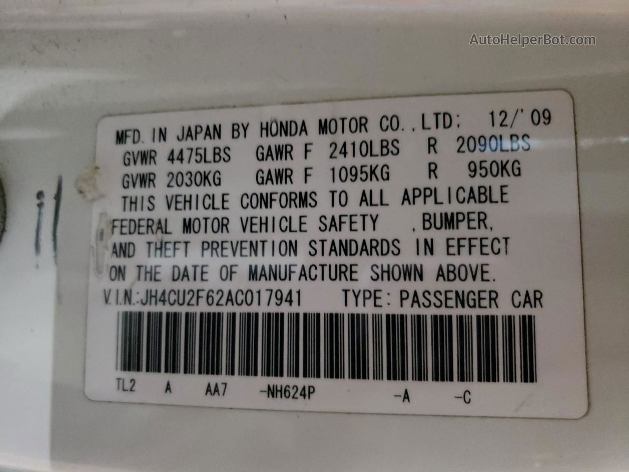 2010 Acura Tsx  White vin: JH4CU2F62AC017941