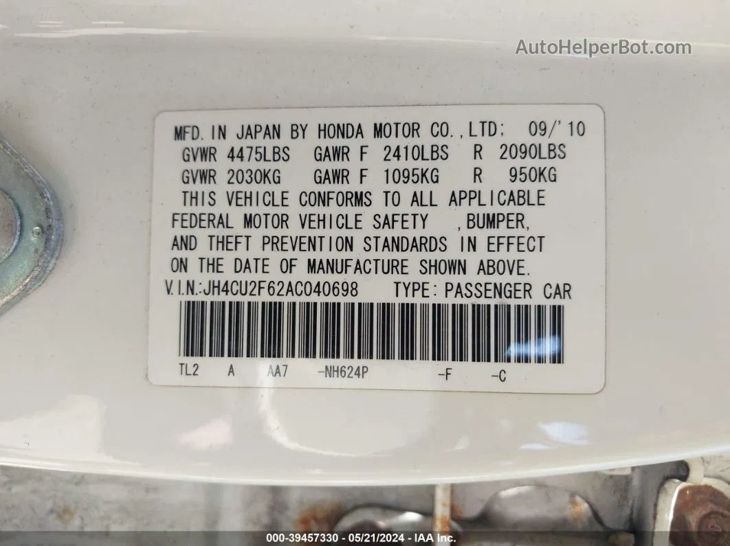 2010 Acura Tsx 2.4 White vin: JH4CU2F62AC040698