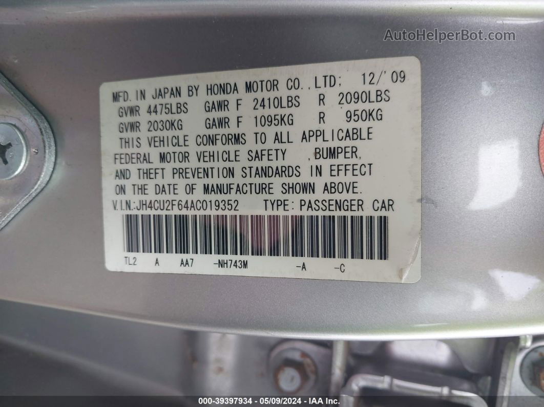 2010 Acura Tsx 2.4 Silver vin: JH4CU2F64AC019352