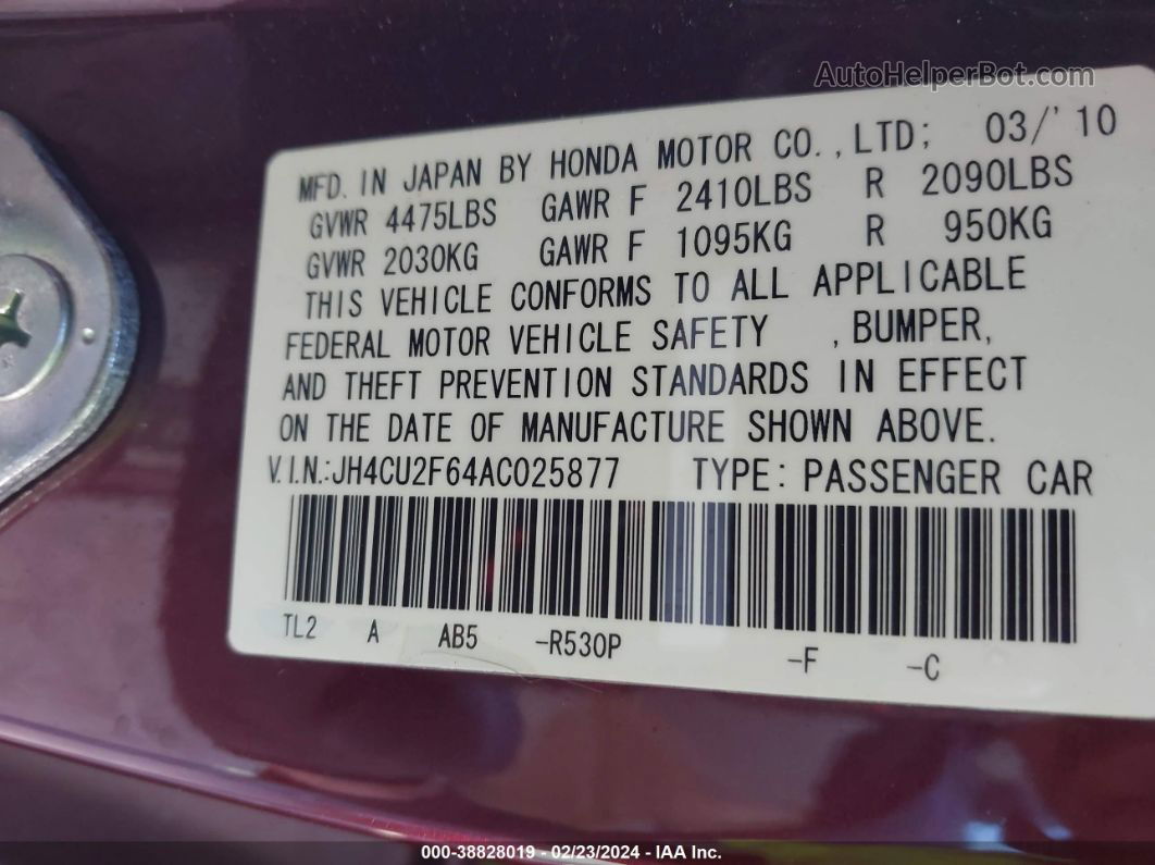 2010 Acura Tsx 2.4 Maroon vin: JH4CU2F64AC025877