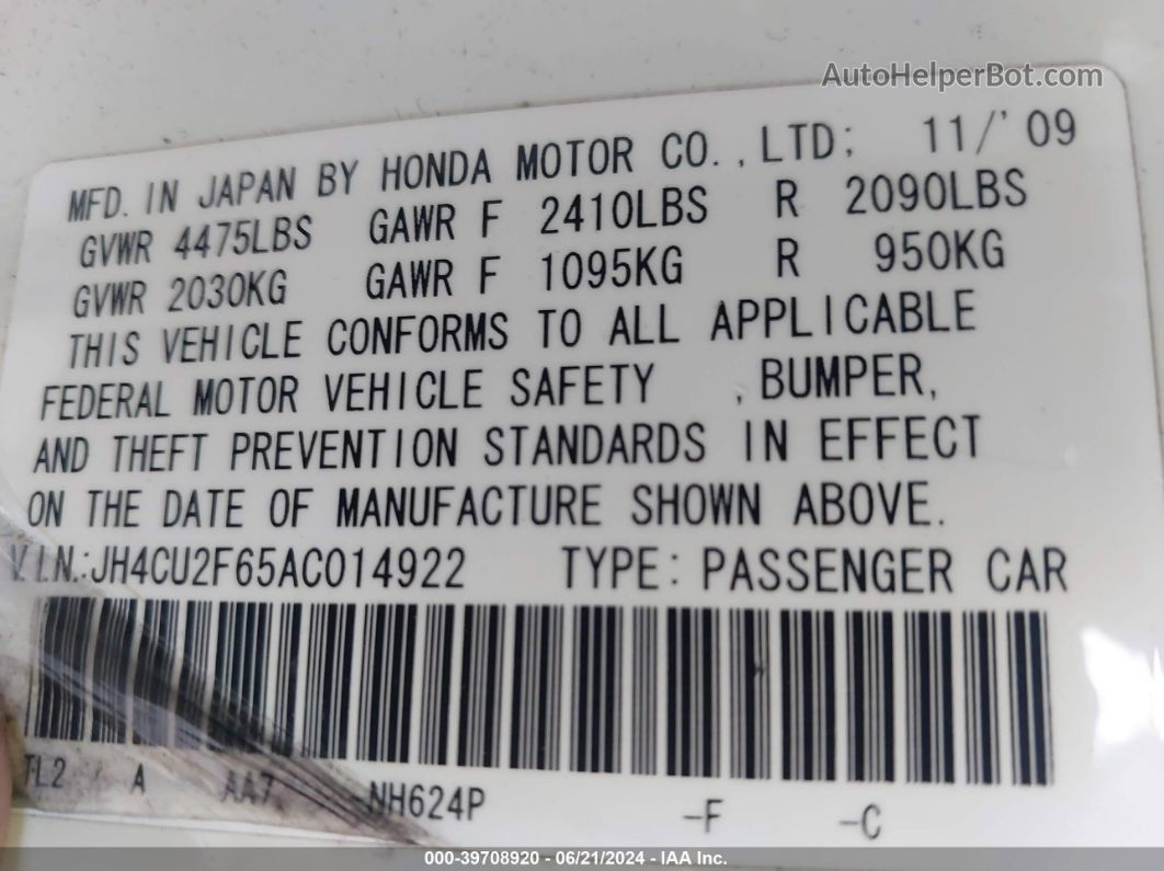 2010 Acura Tsx 2.4 White vin: JH4CU2F65AC014922