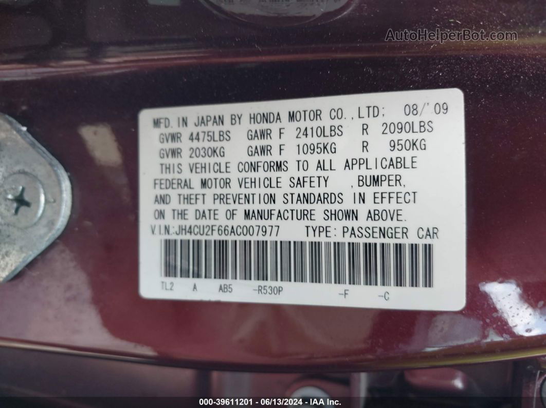 2010 Acura Tsx 2.4 Burgundy vin: JH4CU2F66AC007977