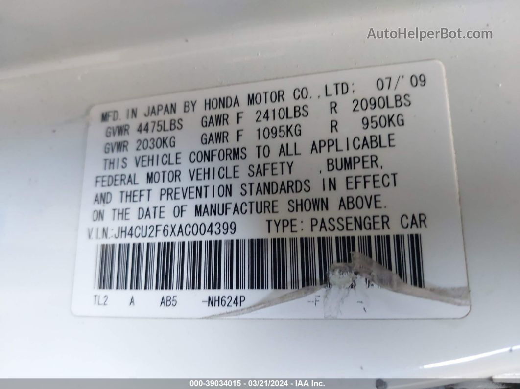 2010 Acura Tsx 2.4 White vin: JH4CU2F6XAC004399