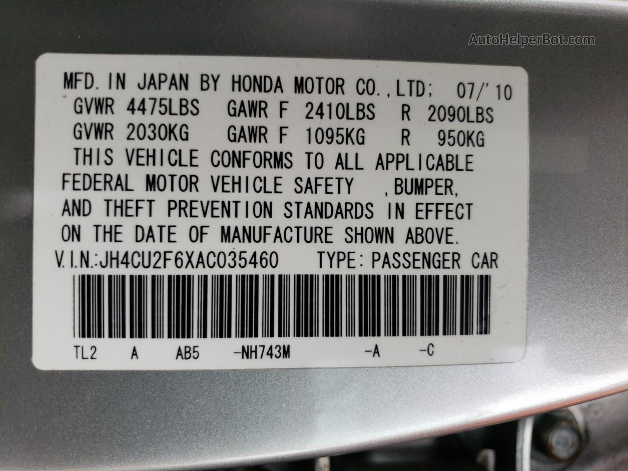 2010 Acura Tsx  Silver vin: JH4CU2F6XAC035460