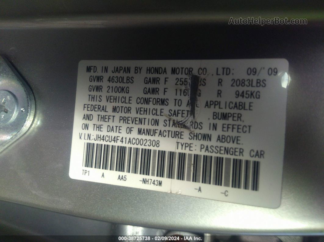 2010 Acura Tsx 3.5 Silver vin: JH4CU4F41AC002308