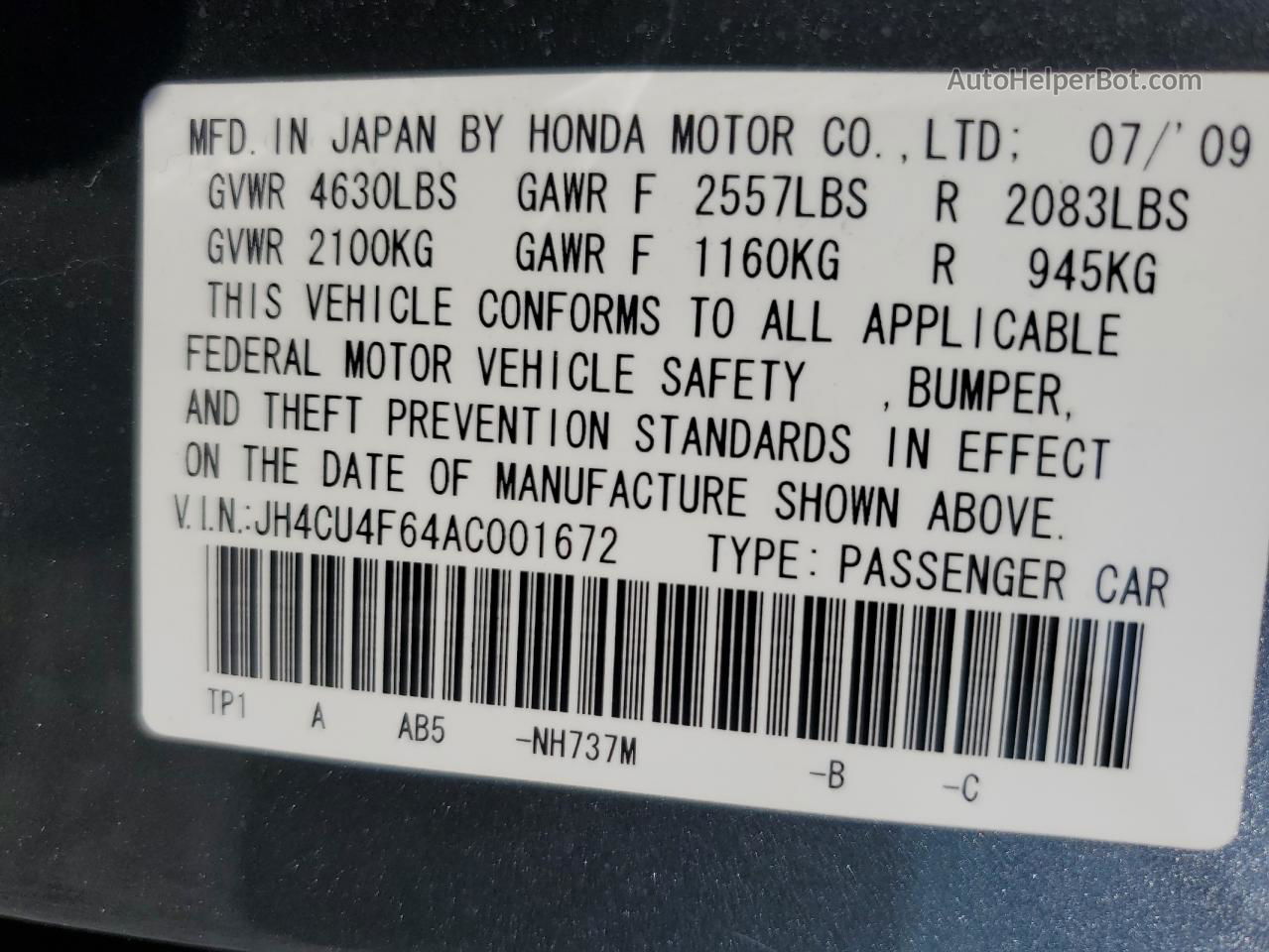 2010 Acura Tsx  Charcoal vin: JH4CU4F64AC001672