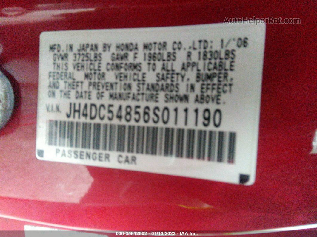 2006 Acura Rsx   Красный vin: JH4DC54856S011190
