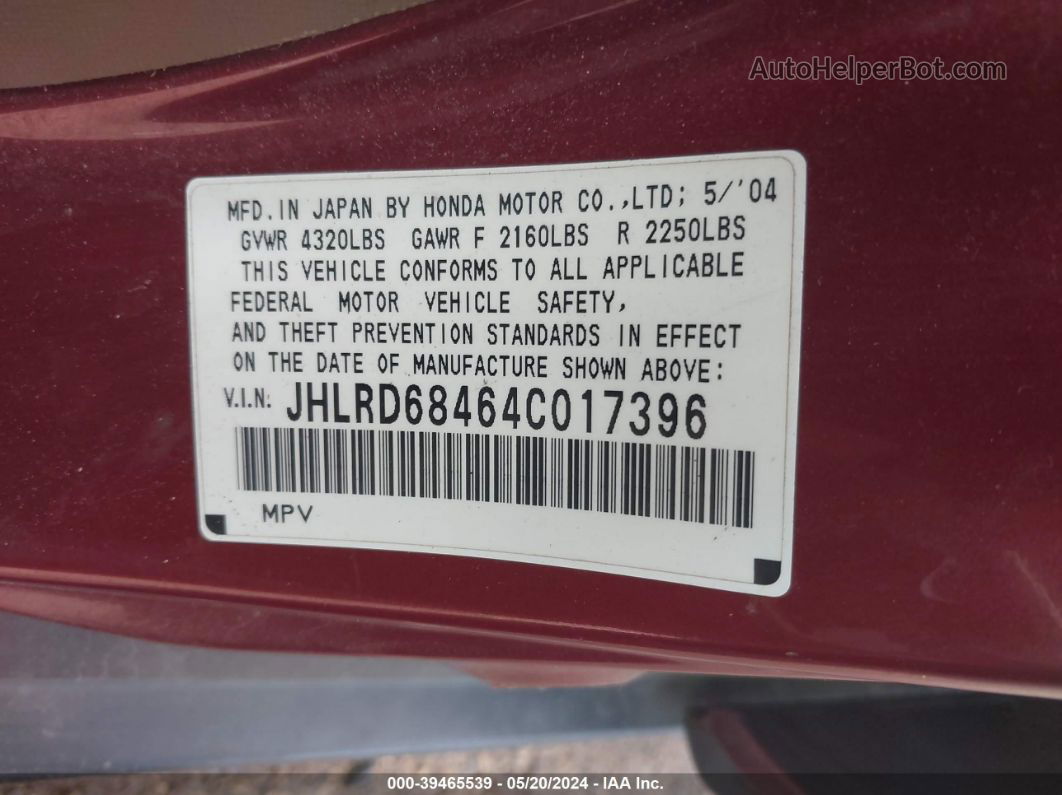 2004 Honda Cr-v Lx Maroon vin: JHLRD68464C017396