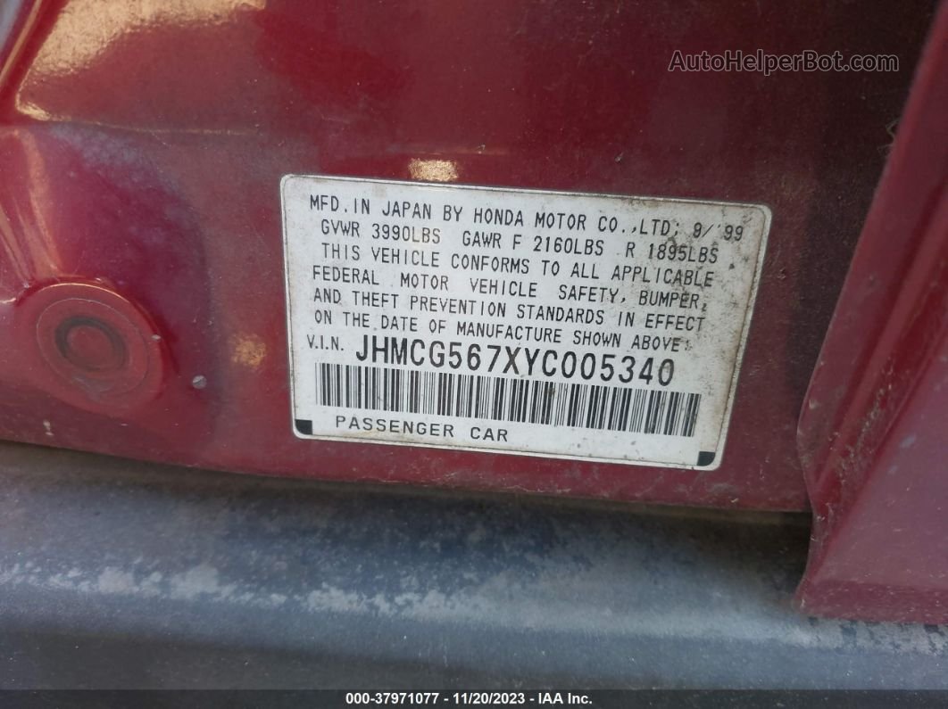2000 Honda Accord Sdn Se Red vin: JHMCG567XYC005340