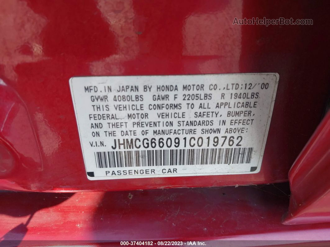 2001 Honda Accord Sdn Ex W/leather Red vin: JHMCG66091C019762