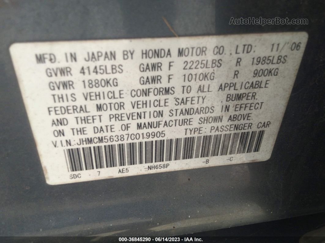 2007 Honda Accord 2.4 Se Gray vin: JHMCM56387C019905