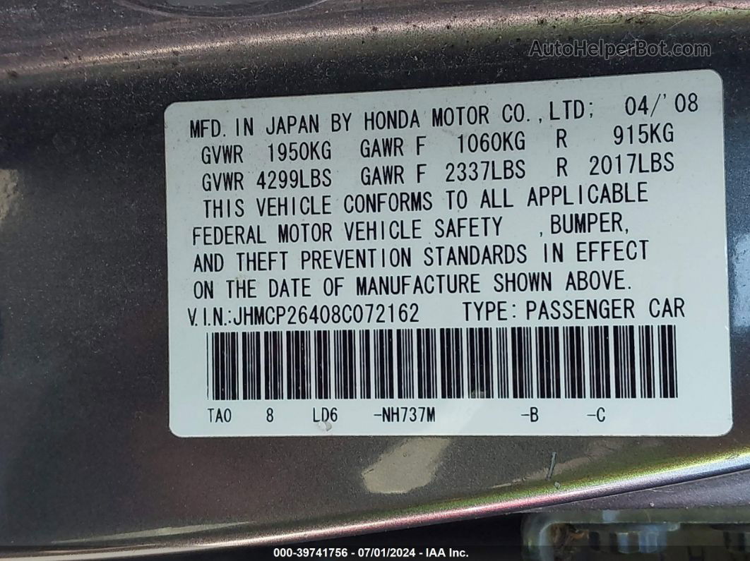 2008 Honda Accord 2.4 Lx-p Gray vin: JHMCP26408C072162