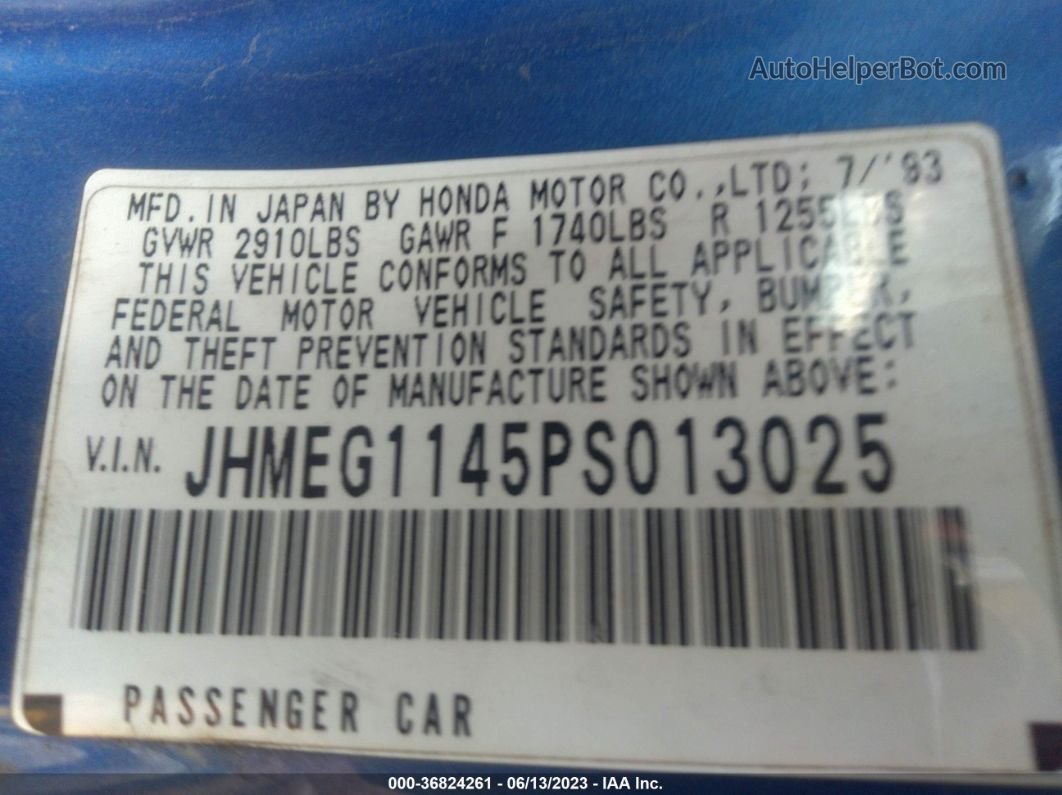 1993 Honda Civic Del Sol S Blue vin: JHMEG1145PS013025