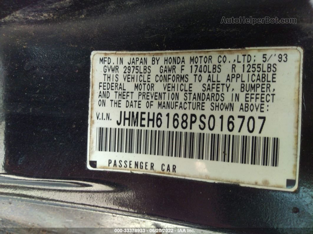 1993 Honda Civic Del Sol Si Black vin: JHMEH6168PS016707