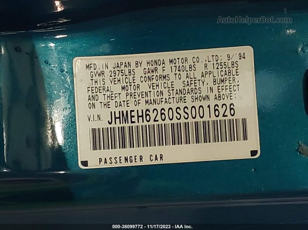 1995 Honda Civic Del Sol Si Turquoise vin: JHMEH6260SS001626