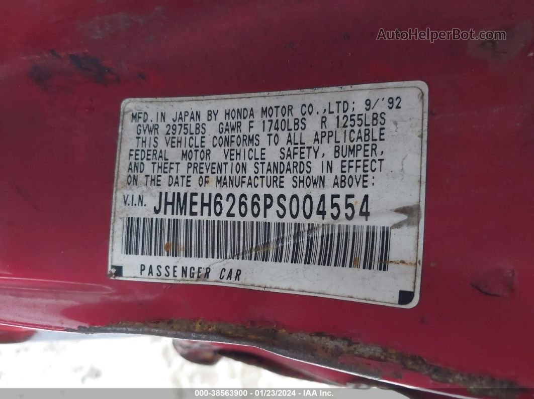 1993 Honda Civic Del Sol Si Red vin: JHMEH6266PS004554