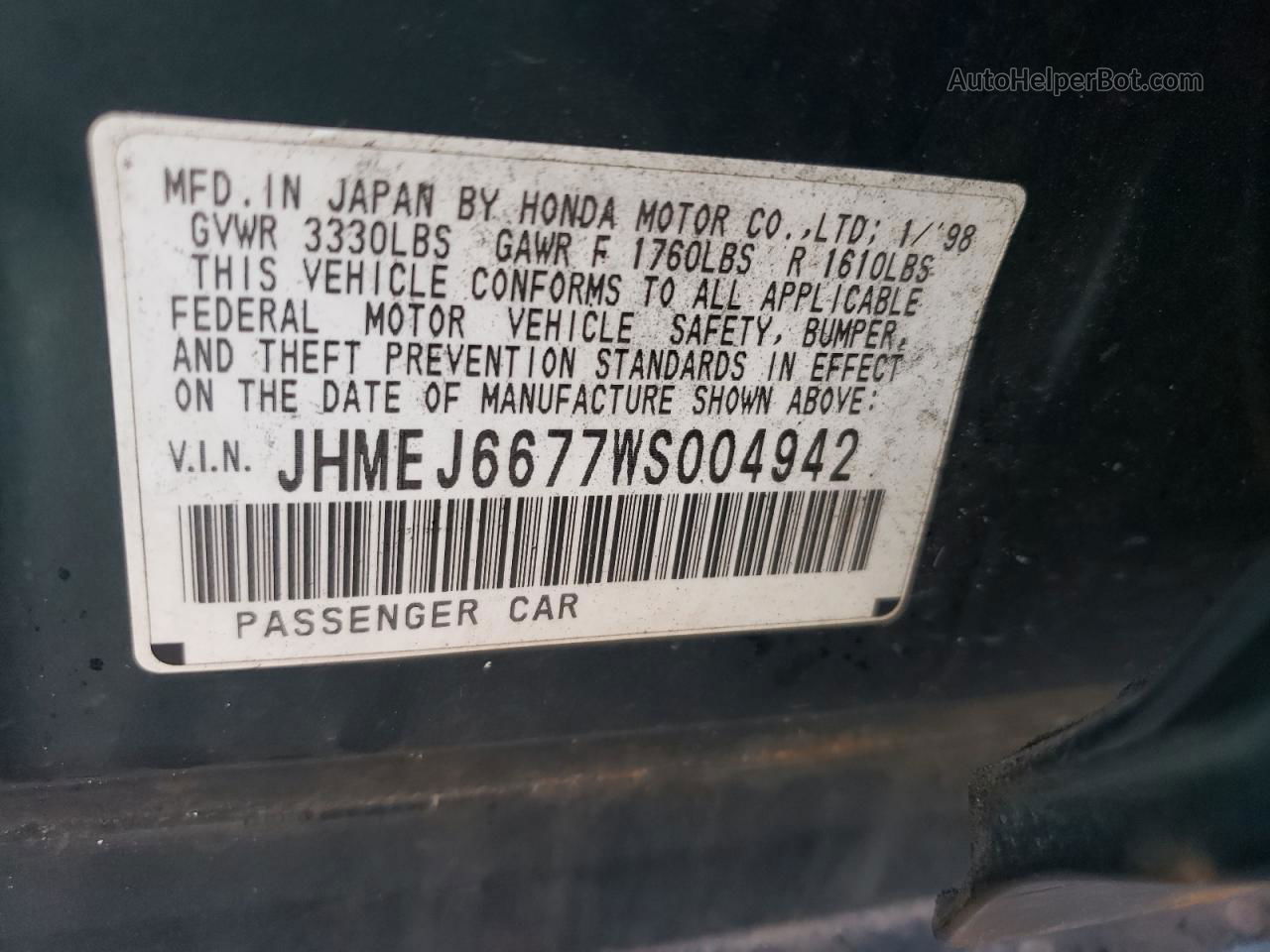 1998 Honda Civic Lx Зеленый vin: JHMEJ6677WS004942