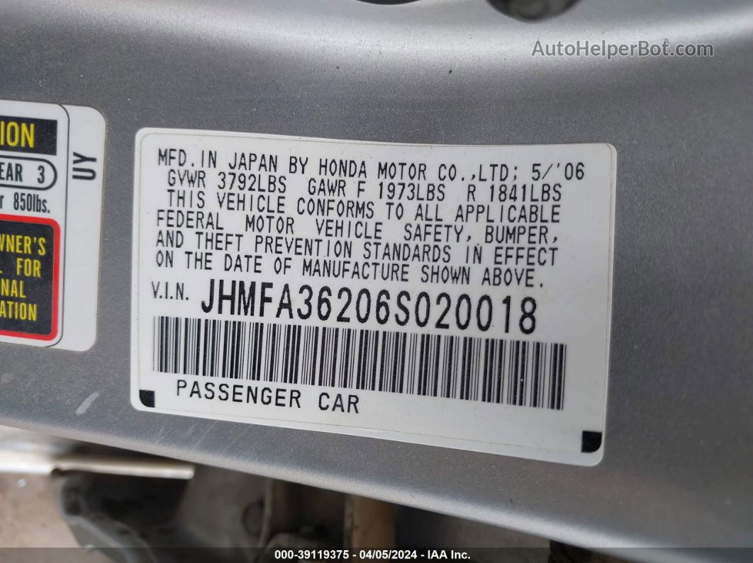 2006 Honda Civic Hybrid   Silver vin: JHMFA36206S020018