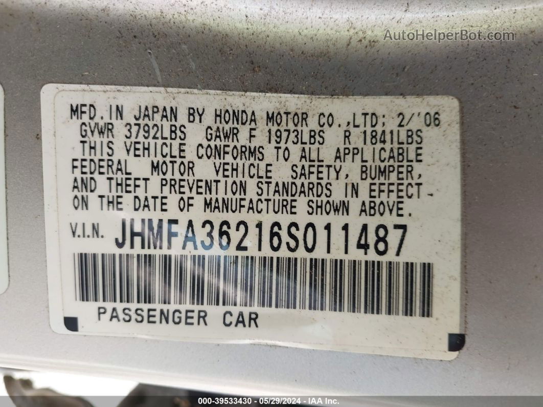 2006 Honda Civic Hybrid   Silver vin: JHMFA36216S011487