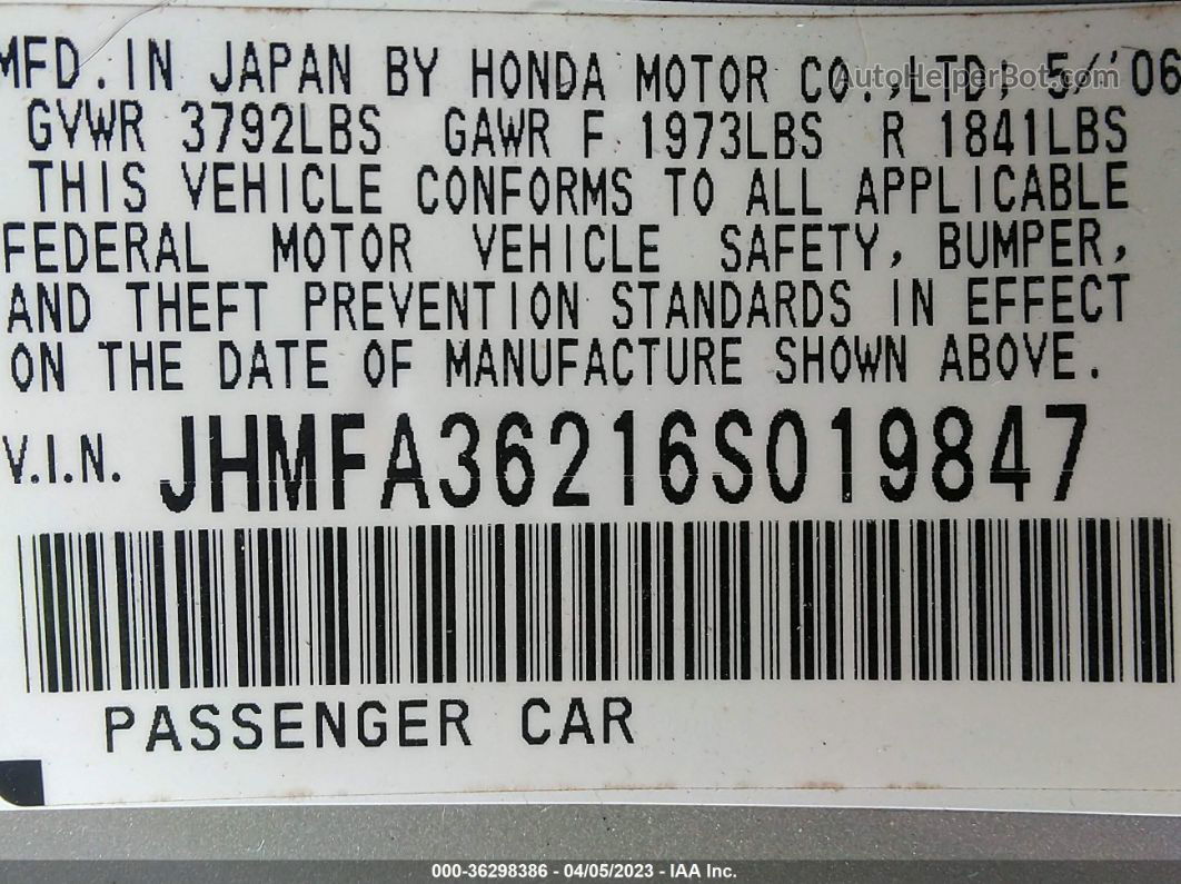 2006 Honda Civic Hybrid   Silver vin: JHMFA36216S019847