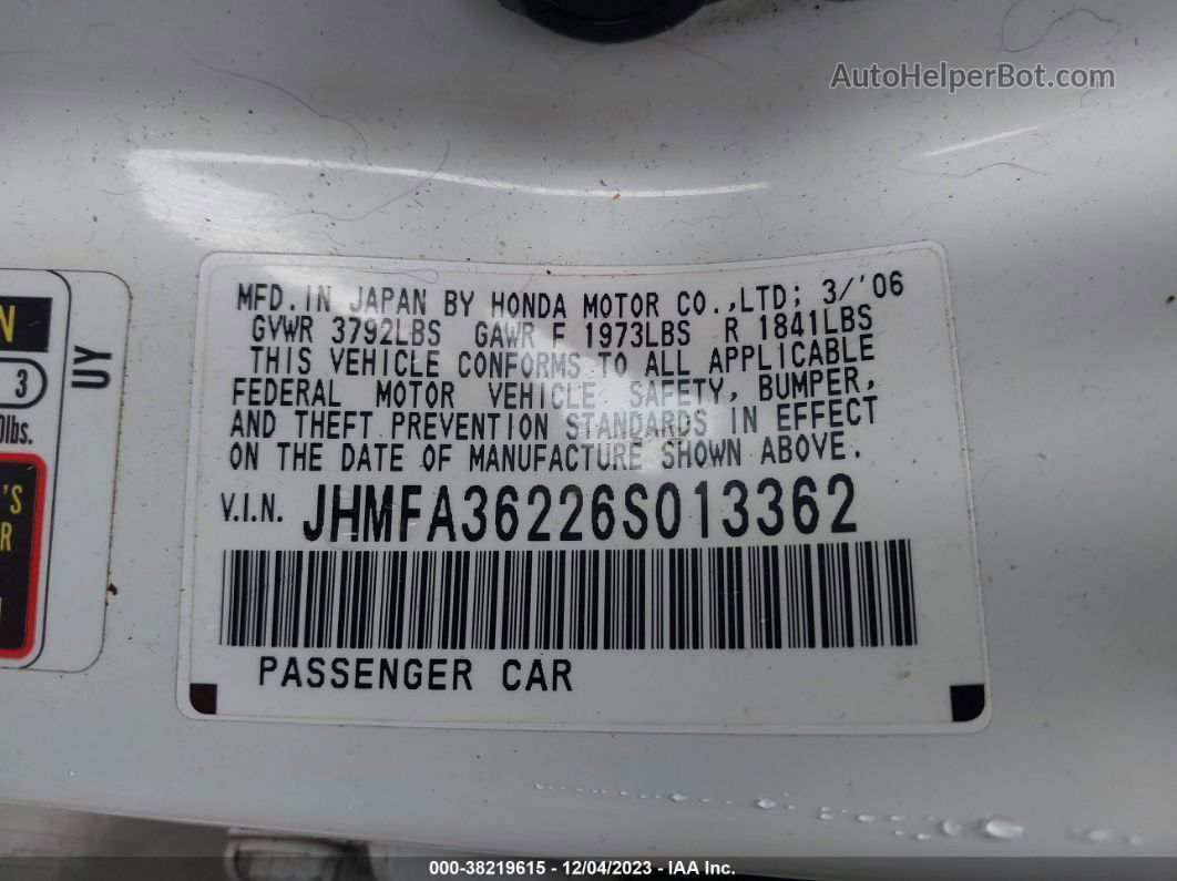 2006 Honda Civic Hybrid White vin: JHMFA36226S013362