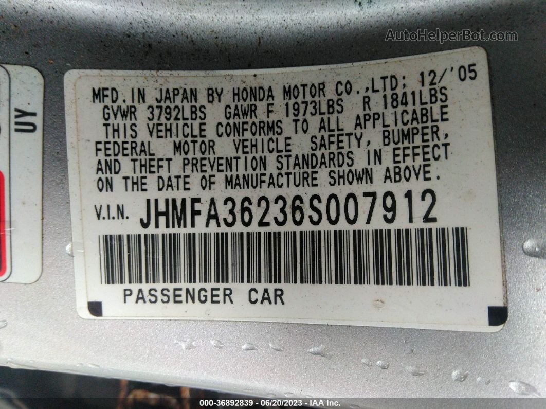 2006 Honda Civic Hybrid   Gray vin: JHMFA36236S007912