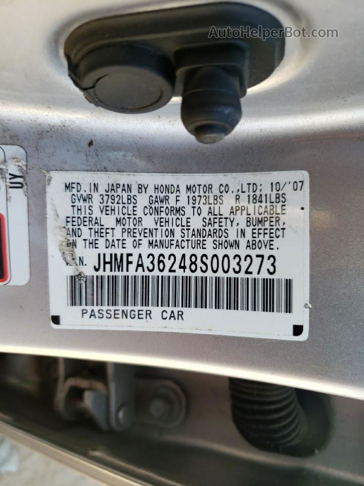 2008 Honda Civic Hybrid Silver vin: JHMFA36248S003273