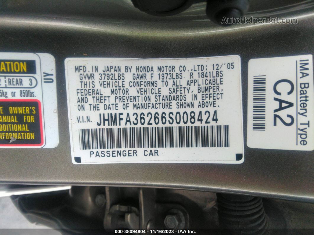 2006 Honda Civic Hybrid Gray vin: JHMFA36266S008424