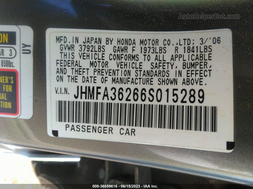 2006 Honda Civic Hybrid   Серый vin: JHMFA36266S015289