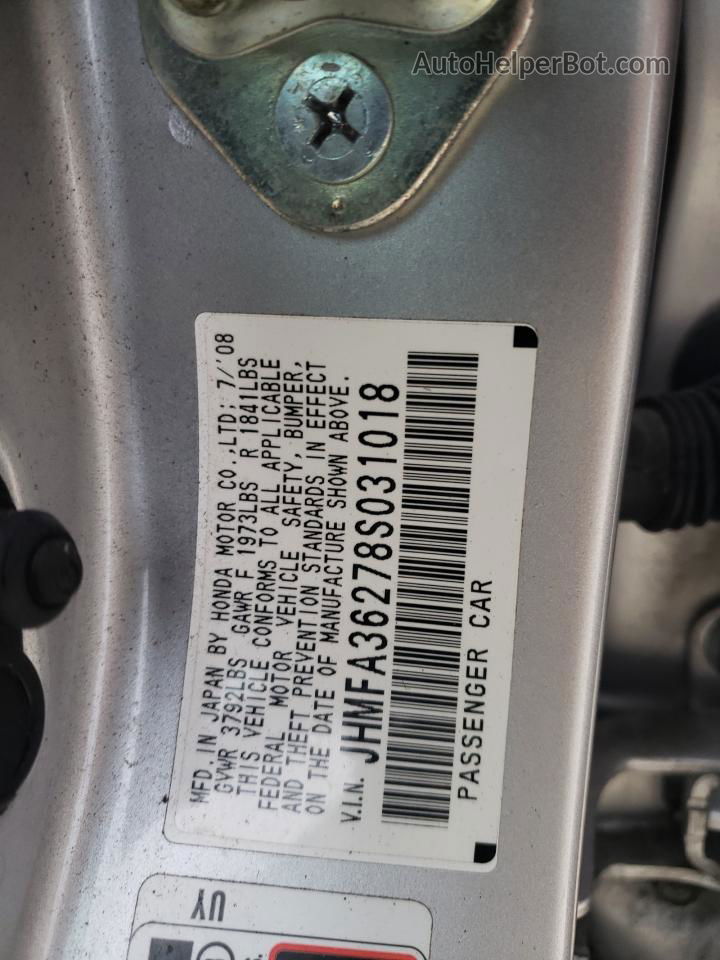 2008 Honda Civic Hybrid Серебряный vin: JHMFA36278S031018