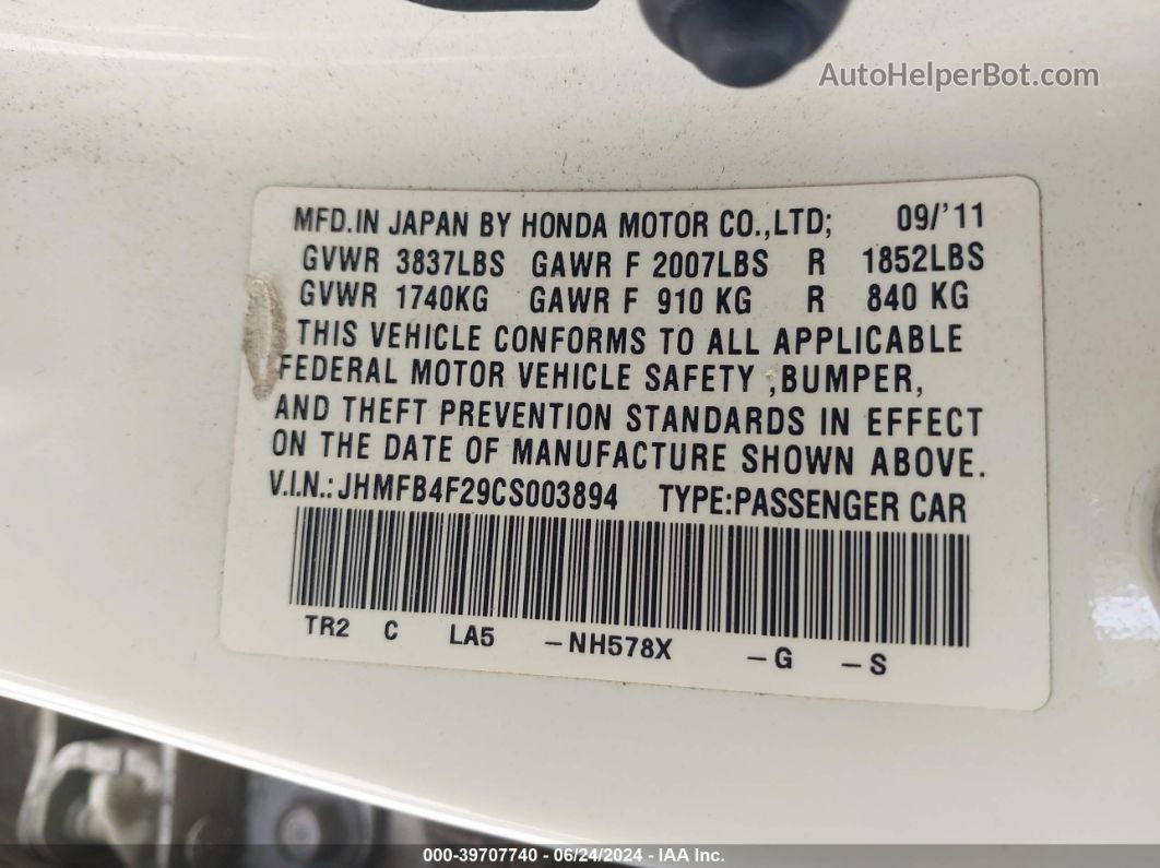 2012 Honda Civic Hybrid   White vin: JHMFB4F29CS003894