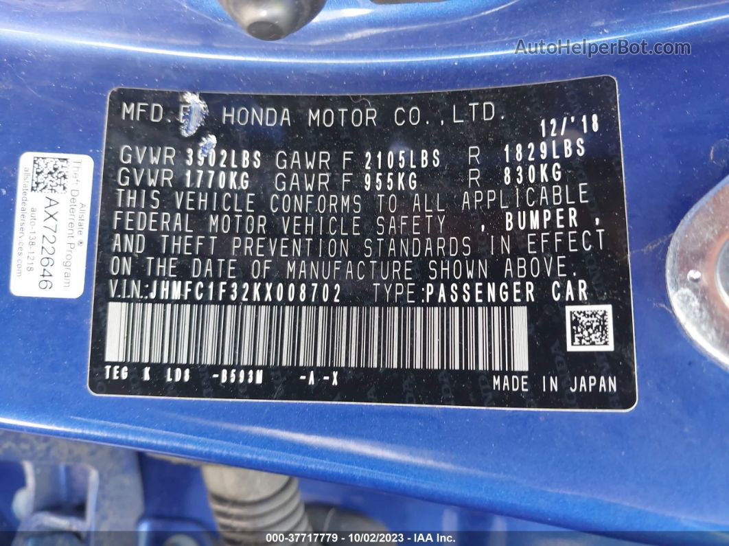 2019 Honda Civic Ex Blue vin: JHMFC1F32KX008702