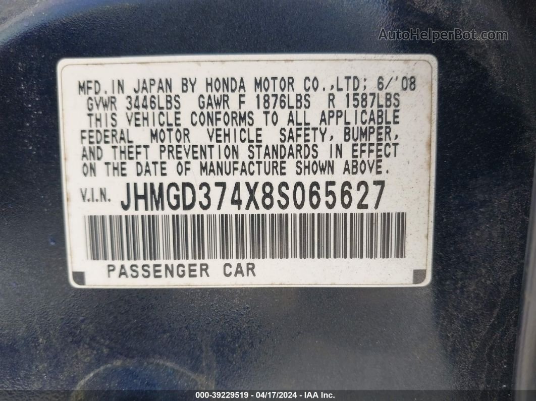 2008 Honda Fit   Black vin: JHMGD374X8S065627