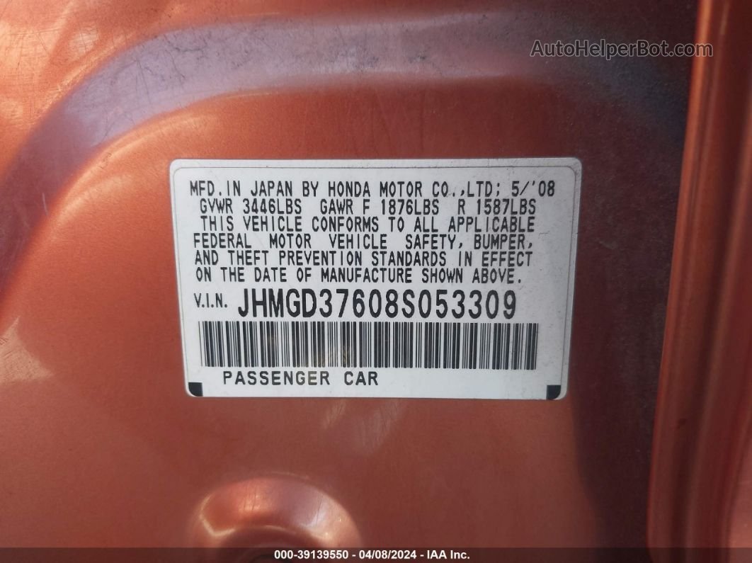 2008 Honda Fit Sport Orange vin: JHMGD37608S053309